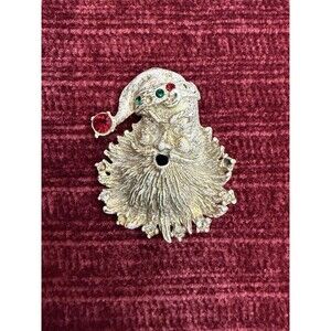 VINTAGE RED GREEN RHINESTONE WHITE ENAMEL GOLDTONE SANTA CLAUS BROOCH 1970'S